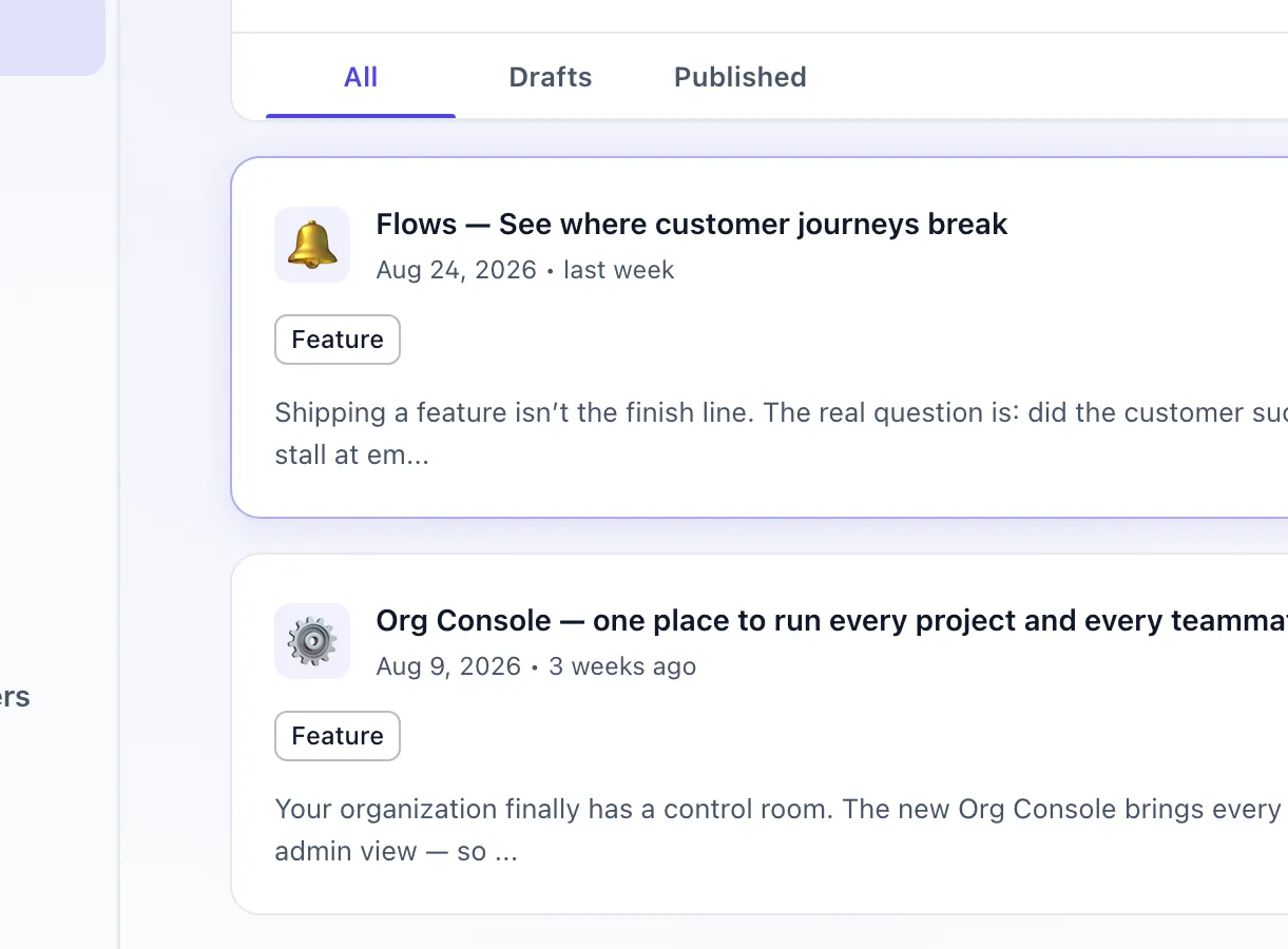 The Releaseo changelog manager, showing published posts including 'Flows — See where customer journeys break' and 'Slack Integration — Ship Updates Straight to Your Channels', beside a live preview of the in-app widget.