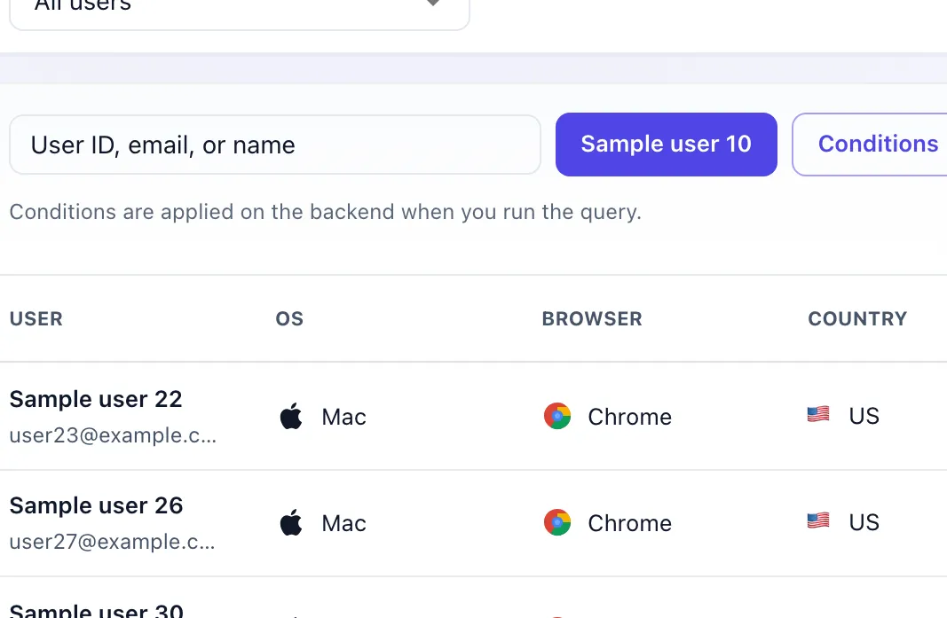The Releaseo Users screen: a saved-segment picker set to All users, a query bar with Conditions and Save Segment buttons, the note that conditions are applied on the backend when you run the query, and a table of users with OS, browser, country, last seen, first seen and device columns.